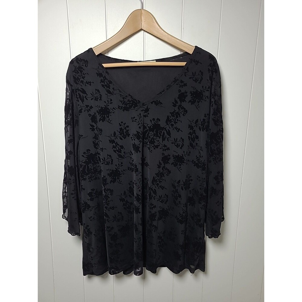 Womens's Floral Velvet Shirt Top Plus Size 3XL Black Sheer Sleeve Whimsigoth